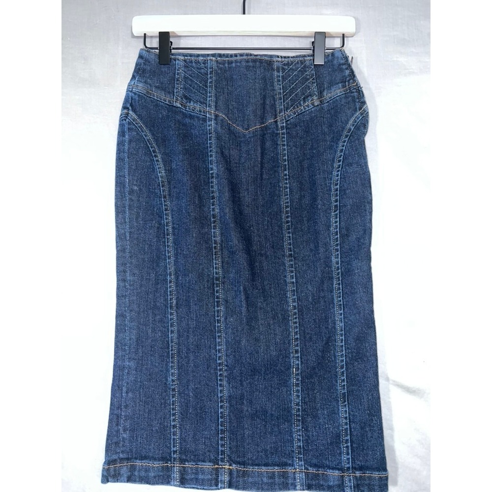 Bebe Vintage Denim Midi Skirt Corset Lace Up Back Dark Wash High Waist Size 27